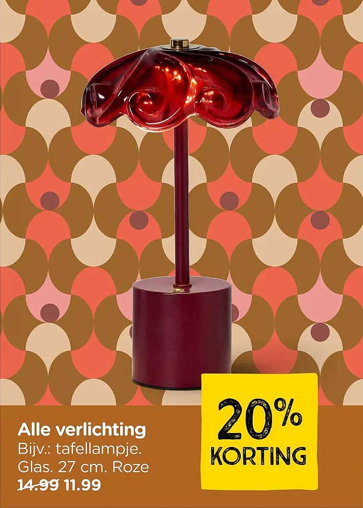 Alle verlichting Bijv.: tafellampje. Glas. 27 cm. Roze 20% KORTING