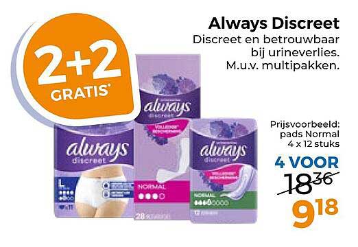 Always Discreet - Discreet en betrouwbaar bij urineverlies. M.u.v. multipakken. 2+2 GRATIS