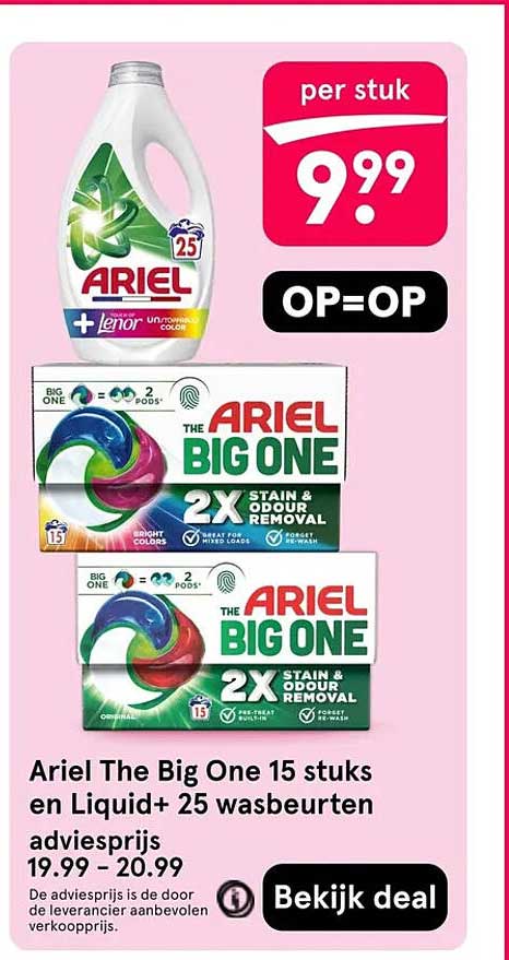 Ariel The Big One 15 stuks en Liquid+ 25 wasbeurten adviesprijs 19.99 - 20.99 OP=OP