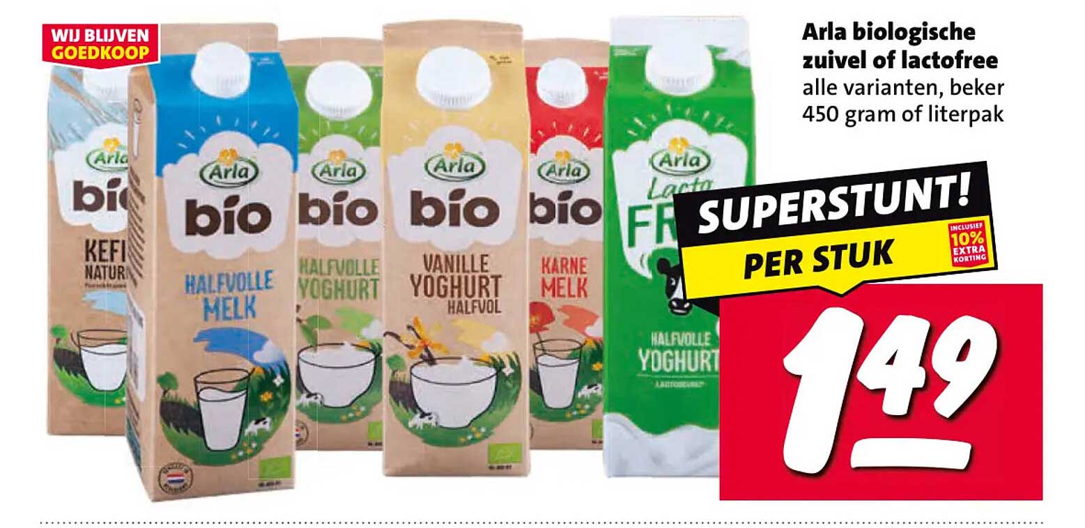 Arla biologische zuivel of lactofree alle varianten, beker 450 gram of literpak SUPERSTUNT! PER STUK