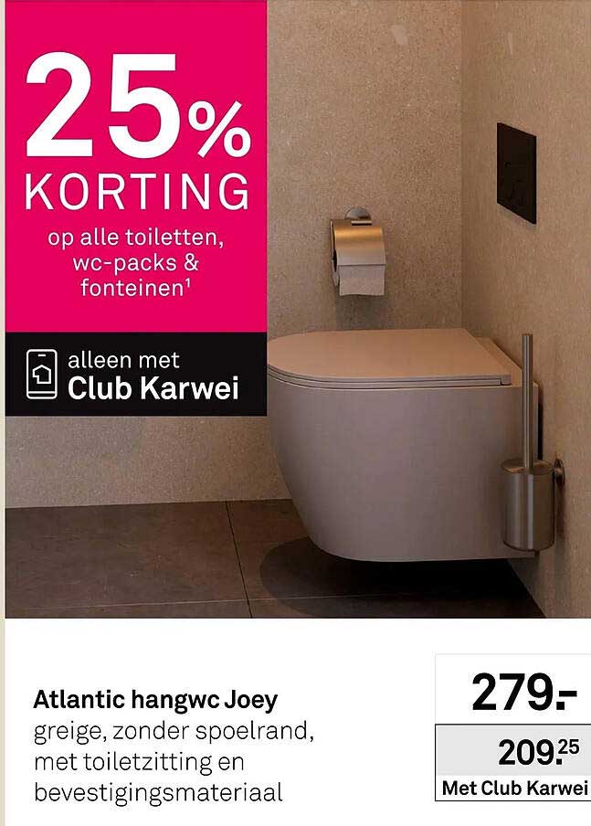 Atlantic hangwc Joey greige, zonder spoelrand, met toiletzitting en bevestigingsmateriaal