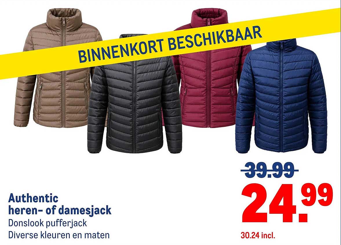 Authentic heren- of damesjack Donslook pufferjack Diverse kleuren en maten