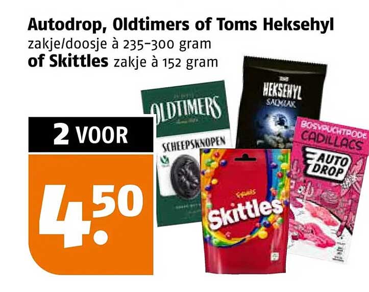 Autodrop, Oldtimers of Toms Heksehyl zakje/doosje à 235-300 gram of Skittles zakje à 152 gram 2 voor