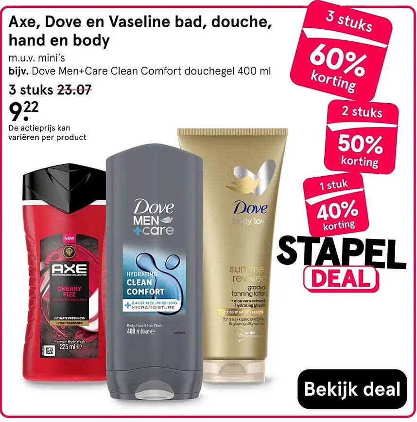 Axe, Dove en Vaseline bad, douche, hand en body