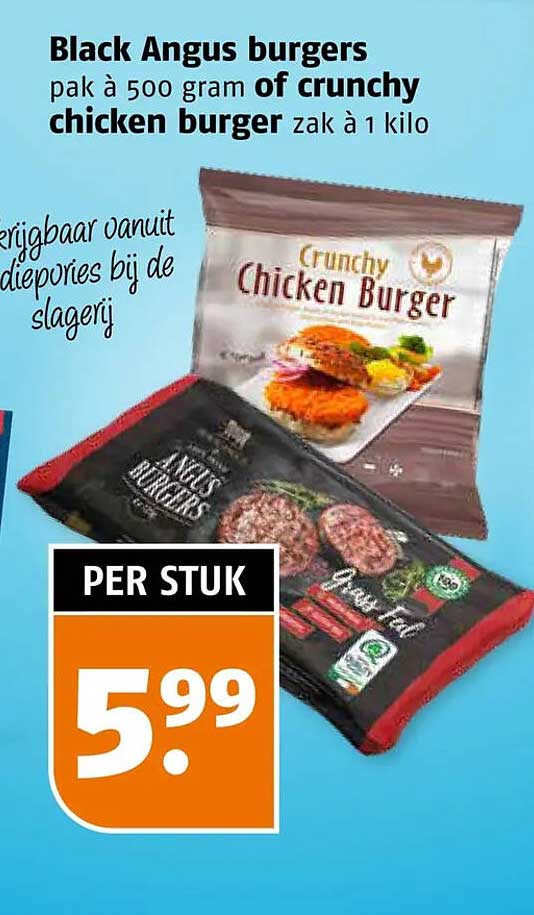 Black Angus burgers pak à 500 gram of crunchy chicken burger zak à 1 kilo