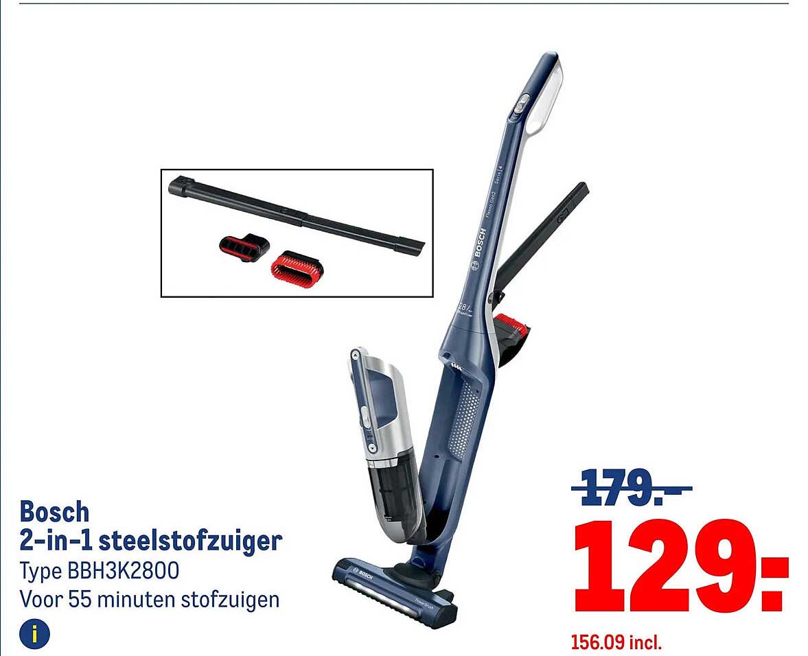 Bosch 2-in-1 steelstofzuiger Type BBH3K2800 Voor 55 minuten stofzuigen