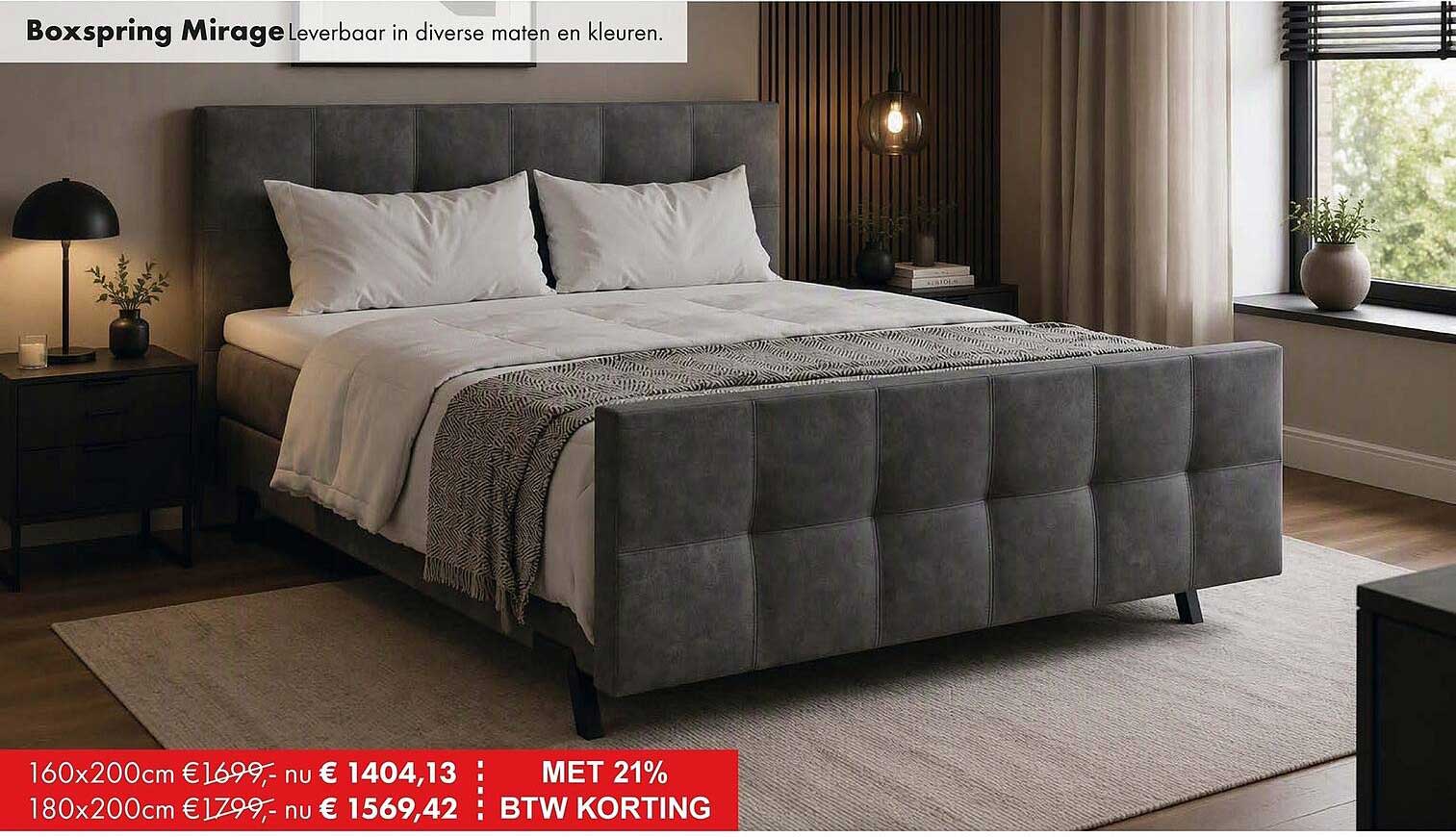 Boxspring Mirage Leverbaar in diverse maten en kleuren. MET 21% BTW KORTING