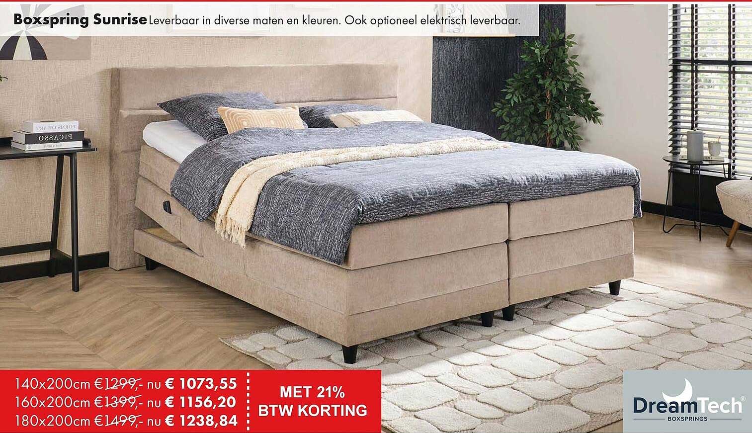 Boxspring Sunrise Leverbaar in diverse maten en kleuren. Ook optioneel elektrisch leverbaar. MET 21% BTW KORTING