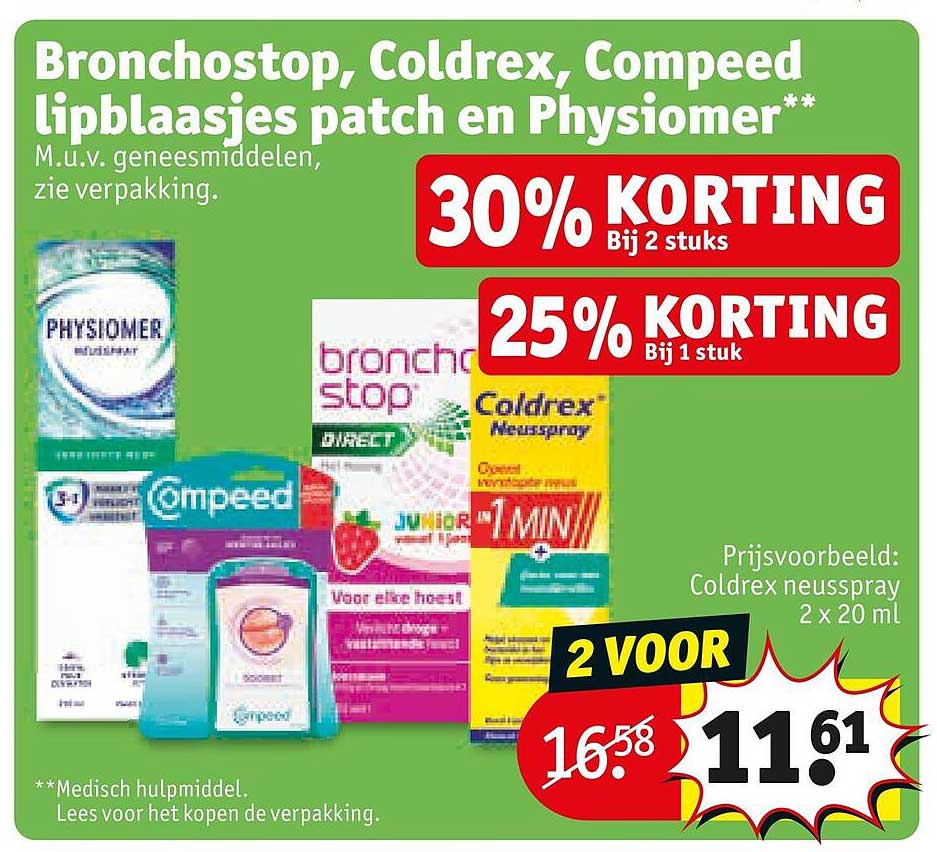 Bronchostop, Coldrex, Compeed lipblaasjes patch en Physiomer**