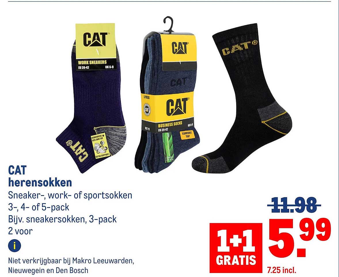 CAT herensokken Sneaker-, werk- of sportsokken 3-, 4- of 5-pack Bijv. sneakersokken, 3-pack 2 voor 1+1 GRATIS