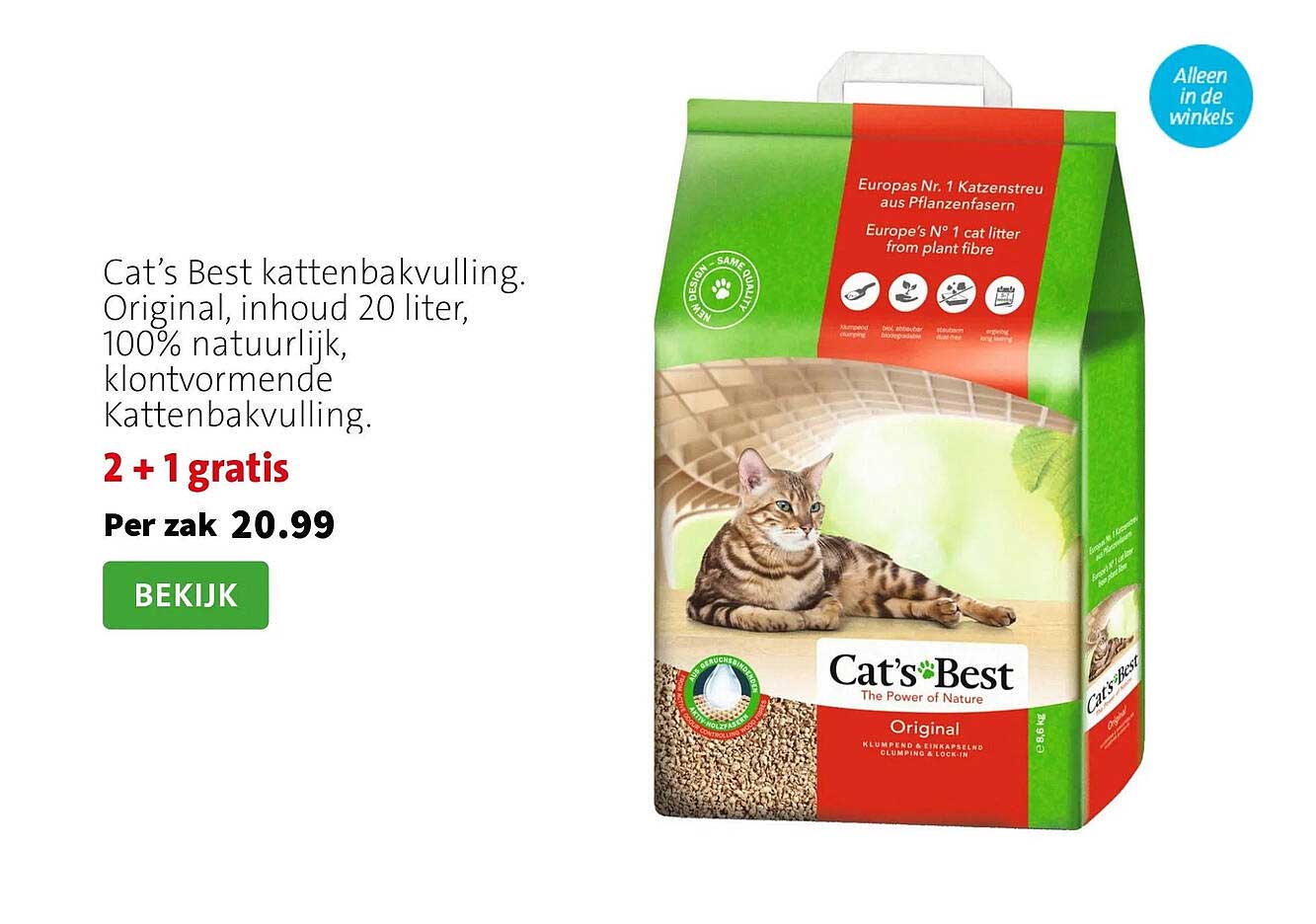 Cat’s Best kattenbakvulling. Original, inhoud 20 liter, 100% natuurlijk, klontvormende kattenbakvulling. 2 + 1 gratis
