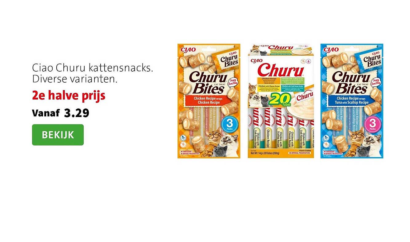 Ciao Churu kattensnacks. Diverse varianten. 2e halve prijs