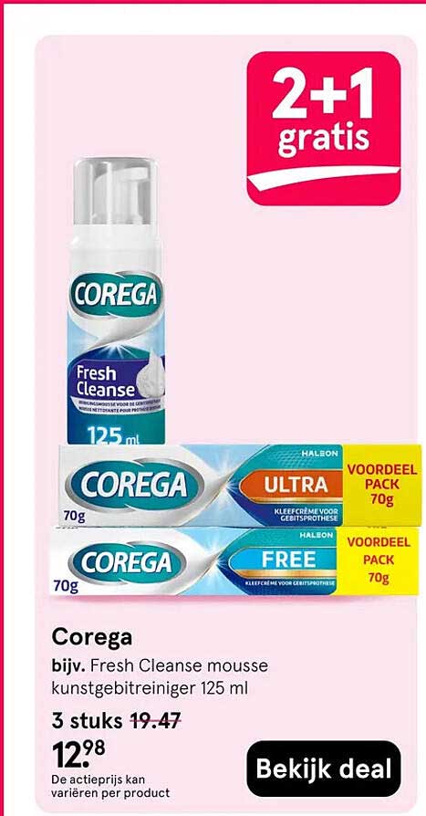 Corega bijv. Fresh Cleanse mousse kunstgebitreiniger 125 ml 2+1 gratis