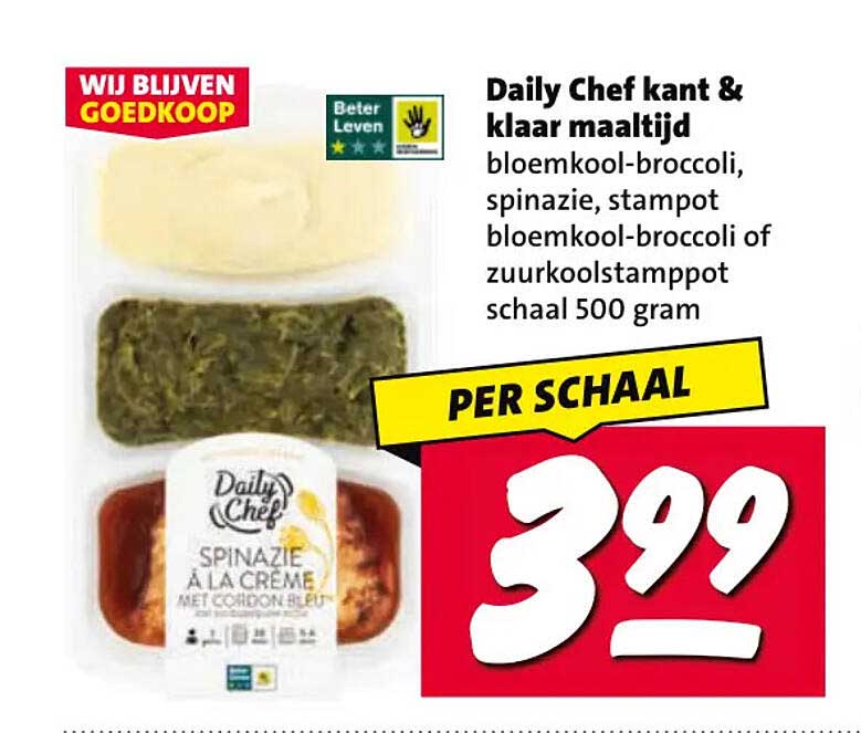 Daily Chef kant & klaar maaltijd bloemkool-broccoli, spinazie, stamppot bloemkool-broccoli of zuurkoolstamppot schaal 500 gram