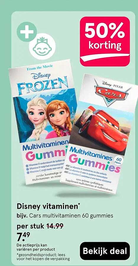 Disney vitaminen* bijv. Cars multivitaminen 60 gummies 50% korting