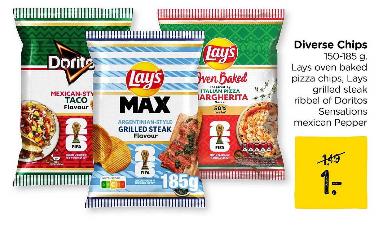 Diverse Chips 150-185 g, Lays oven baked pizza chips, Lays grilled steak ribbel of Doritos Sensations mexican Pepper
