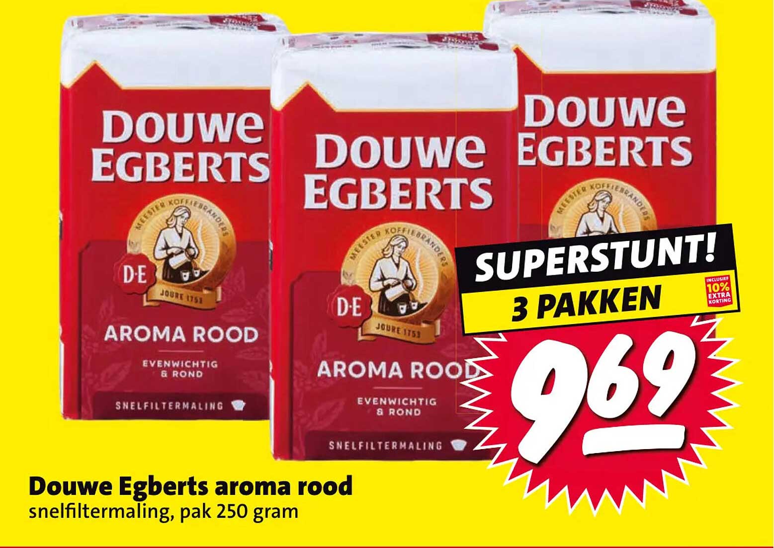 Douwe Egberts aroma rood snelfiltermaling, pak 250 gram SUPERSTUNT! 3 PAKKEN
