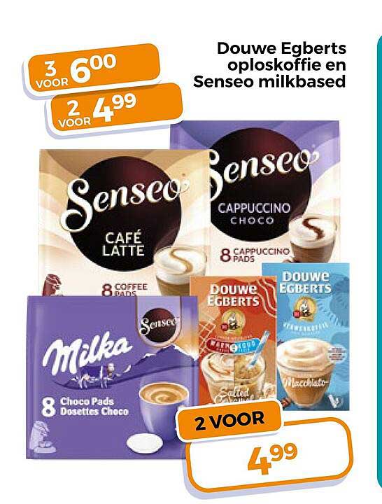 Douwe Egberts oploskoffie en Senseo milkbased 2 voor 4,99