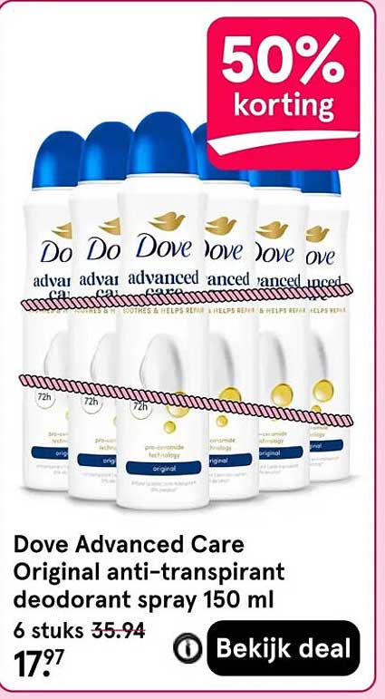 Dove Advanced Care Original anti-transpirant deodorant spray 150 ml 6 stuks 50% korting