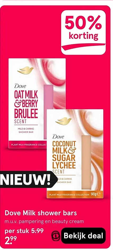 Dove Milk shower bars m.u.v. pampering en beauty cream 50% korting