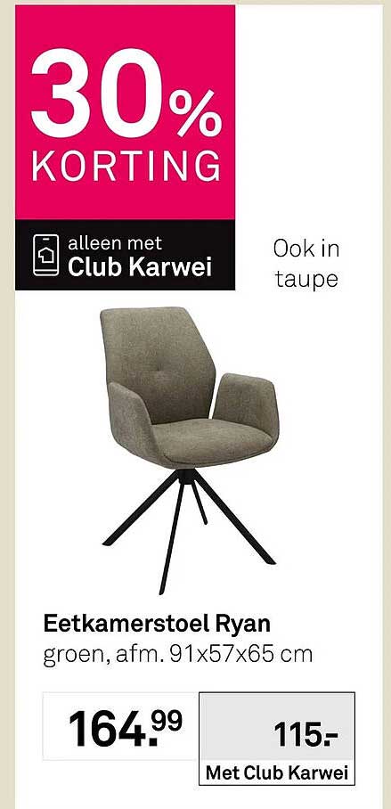 Eetkamerstoel Ryan groen, afm. 91x57x65 cm 30% KORTING alleen met Club Karwei Ook in taupe