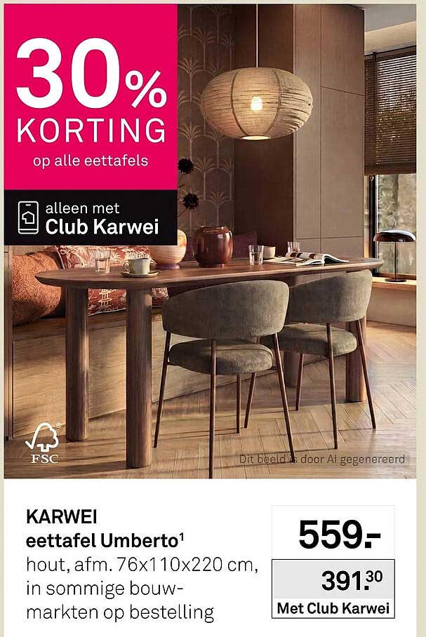 eettafel Umberto¹ hout, afm. 76x110x220 cm, in sommige bouwmarkten op bestelling 30% KORTING op alle eettafels alleen met Club Karwei