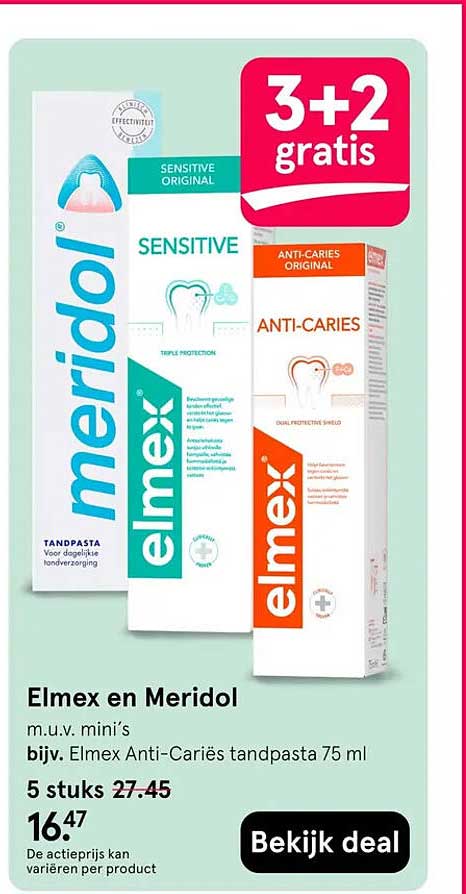 Elmex en Meridol m.u.v. mini’s bijv. Elmex Anti-Cariës tandpasta 75 ml 5 stuks 3+2 gratis