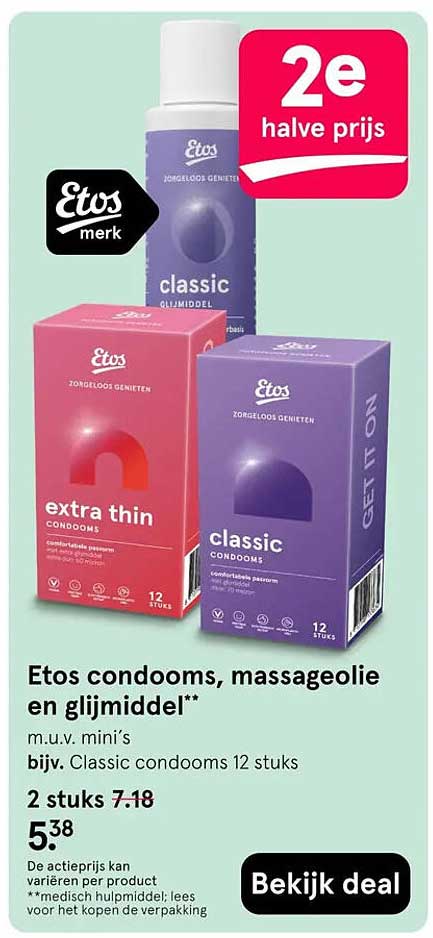 Etos condooms, massageolie en glijmiddel** 2e halve prijs