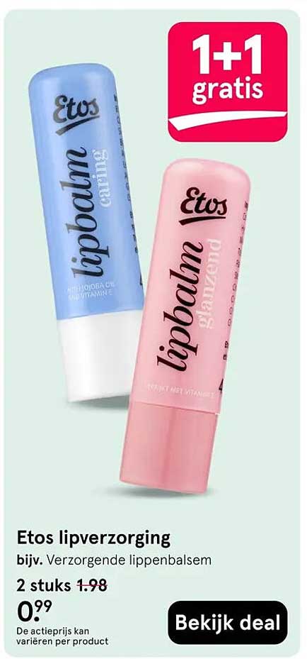 Etos lipverzorging bijv. Verzorgende lippenbalsem 1+1 gratis