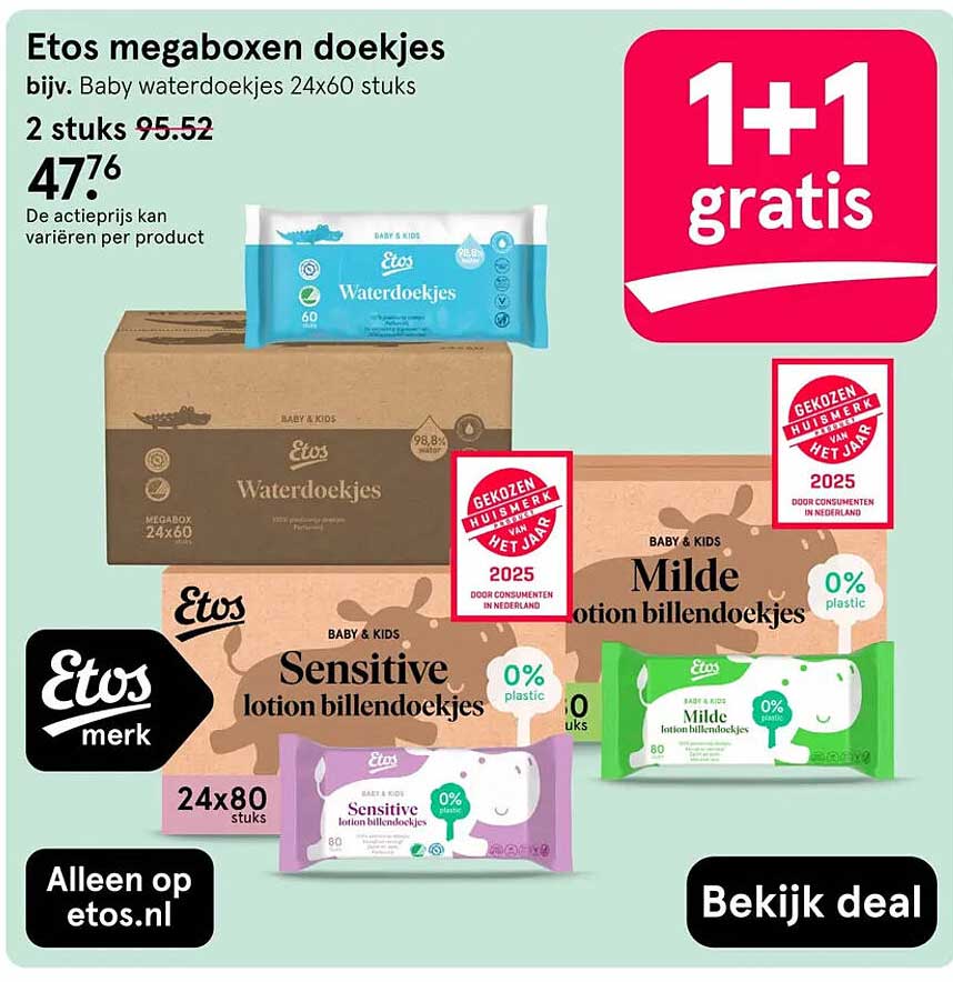 Etos megaboxen doekjes bijv. Baby waterdoekjes 24x60 stuks 1+1 gratis