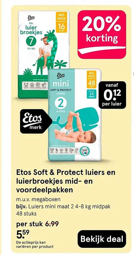 Etos Soft & Protect luiers en luierbroekjes mid- en voordeelpakken 20% korting