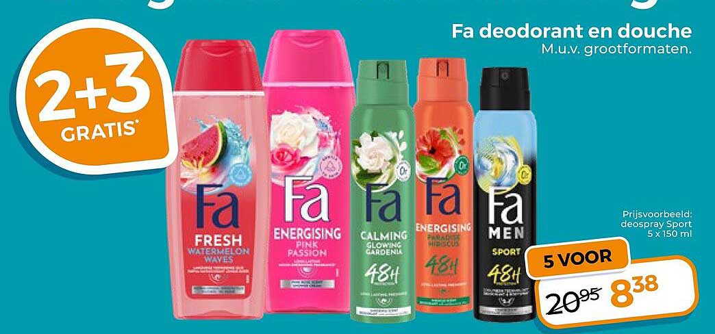 Fa deodorant en douche M.u.v. grootformaten. 2+3 GRATIS