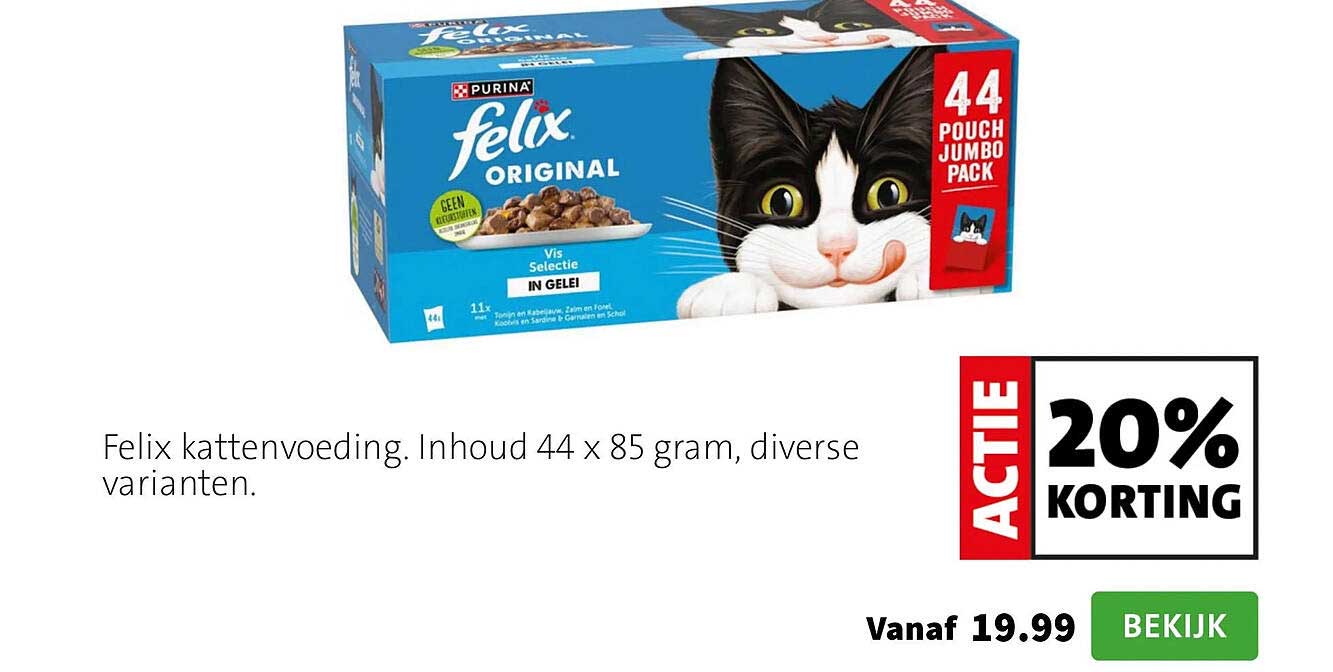 Felix kattenvoeding. Inhoud 44 x 85 gram, diverse varianten. 20% KORTING