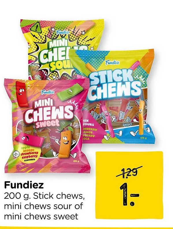 Fundiez 200 g. Stick chews, mini chews sour of mini chews sweet
