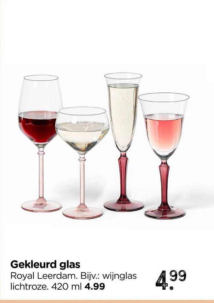 Gekleurd glas Royal Leerdam. Bijv.: wijnglas lichtroze. 420 ml