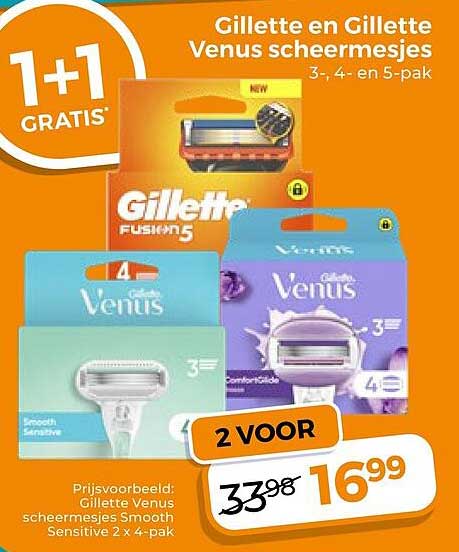 Gillette en Gillette Venus scheermesjes 3-, 4- en 5-pak 1+1 gratis