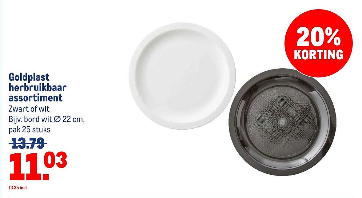 Goldplast herbruikbaar assortiment Zwart of wit Bijv. bord wit Ø 22 cm, pak 25 stuks 20% KORTING