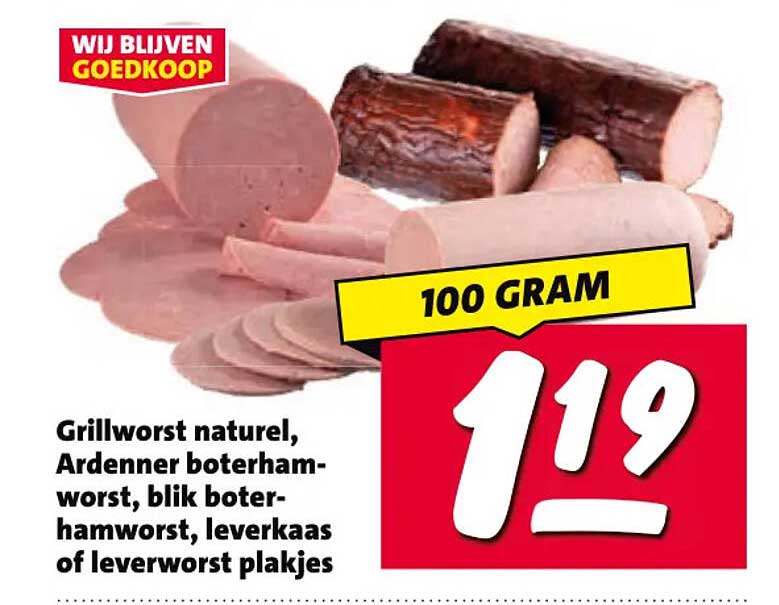 Grillworst naturel, Ardenner boterhamworst, blik boterhamworst, leverkaas of leverworst plakjes 100 GRAM