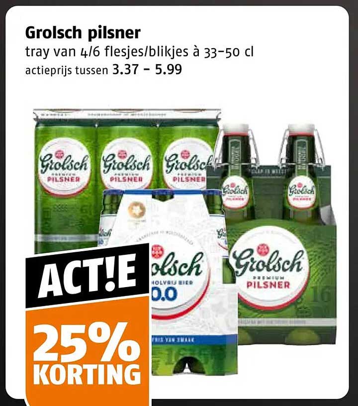 Grolsch pilsner tray van 4/6 flesjes/blikjes à 33-50 cl 25% KORTING
