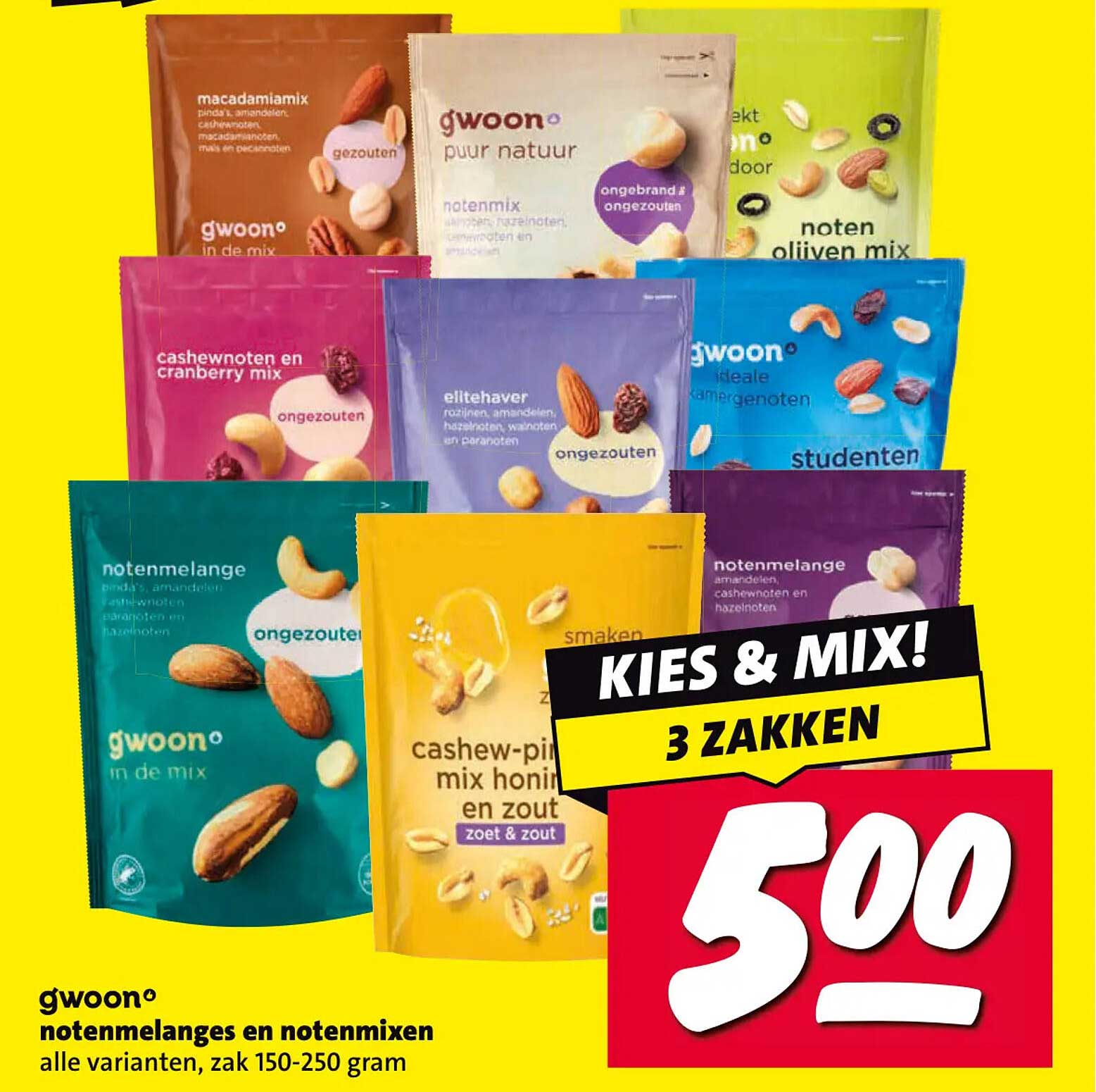 g'woon notenmengles en notenmixen alle varianten, zak 150-250 gram KIES & MIX! 3 ZAKKEN