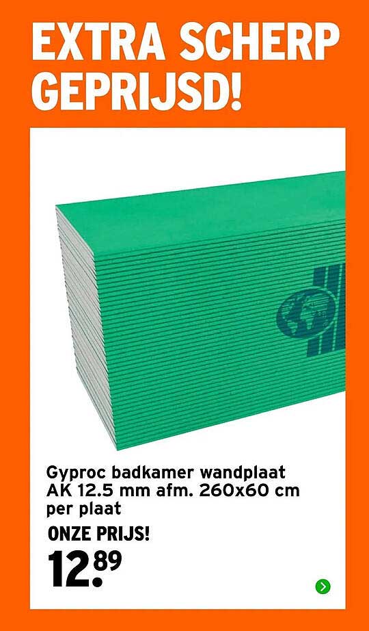 Gyproc badkamer wandplaat AK 12.5 mm afm. 260x60 cm per plaat
