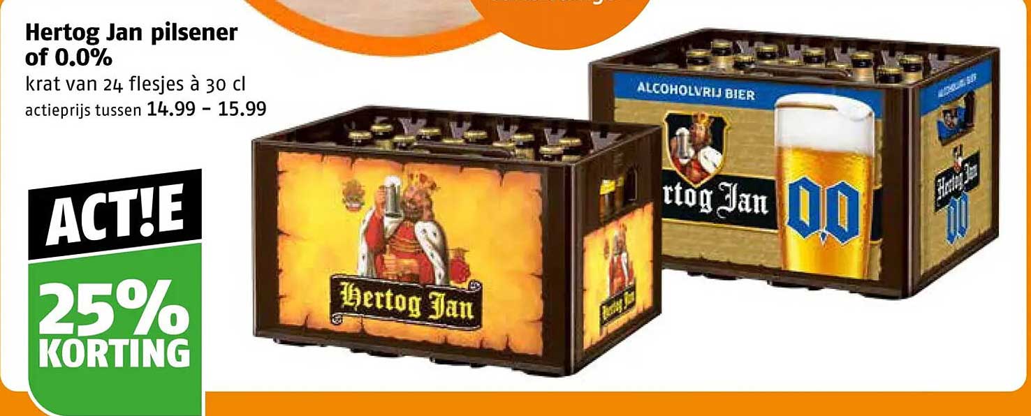 Hertog Jan pilsener of 0.0% krat van 24 flesjes à 30 cl ACT!E 25% KORTING
