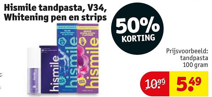 Hismile tandpasta, V34, Whitening pen en strips 50% KORTING