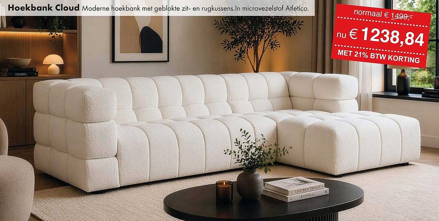 Hoekbank Cloud Moderne hoekbank met geblokte zit- en rugkussens. In microvezelstof Atelico.