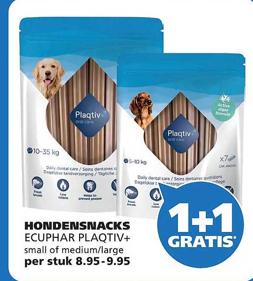 HONDENSNACKS ECUPHAR PLAQTIV+ small of medium/large 1+1 GRATIS