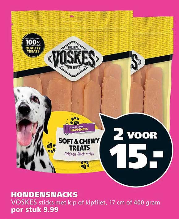 HONDENSNACKS VOSKES sticks met kip of kipfilet, 17 cm of 400 gram 2 voor 15.-