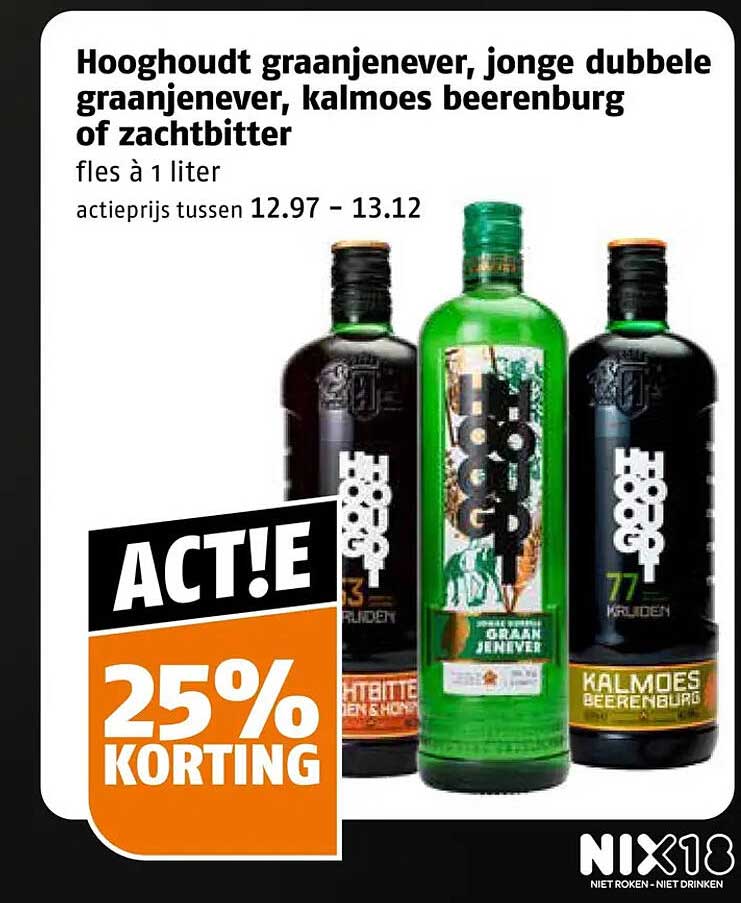 Hooghoudt graanjenever, jonge dubbele graanjenever, kalmoes beerenburg of zachtbitter 25% korting