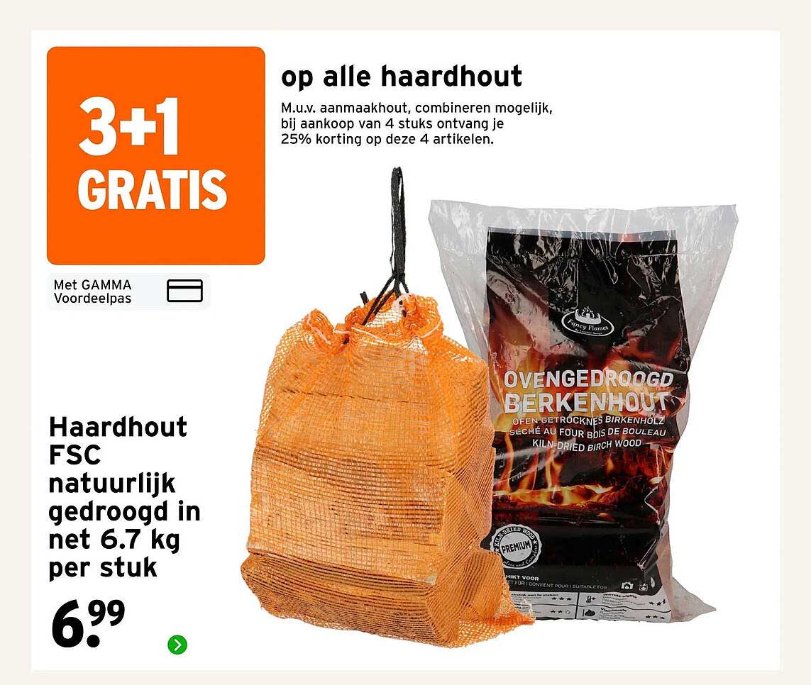 Houthout FSC natuurlijk gedroogd in net 6.7 kg per stuk 3+1 GRATIS