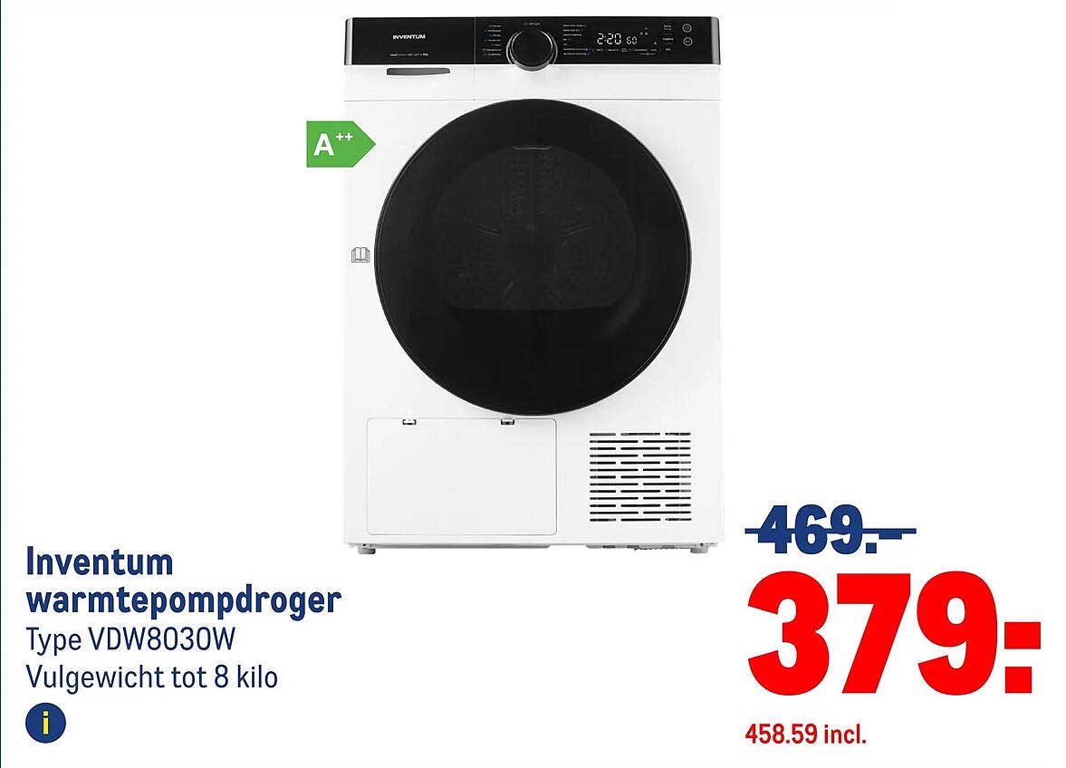 Inventum warmtepompdroger Type VDW8030W Vulgewicht tot 8 kilo