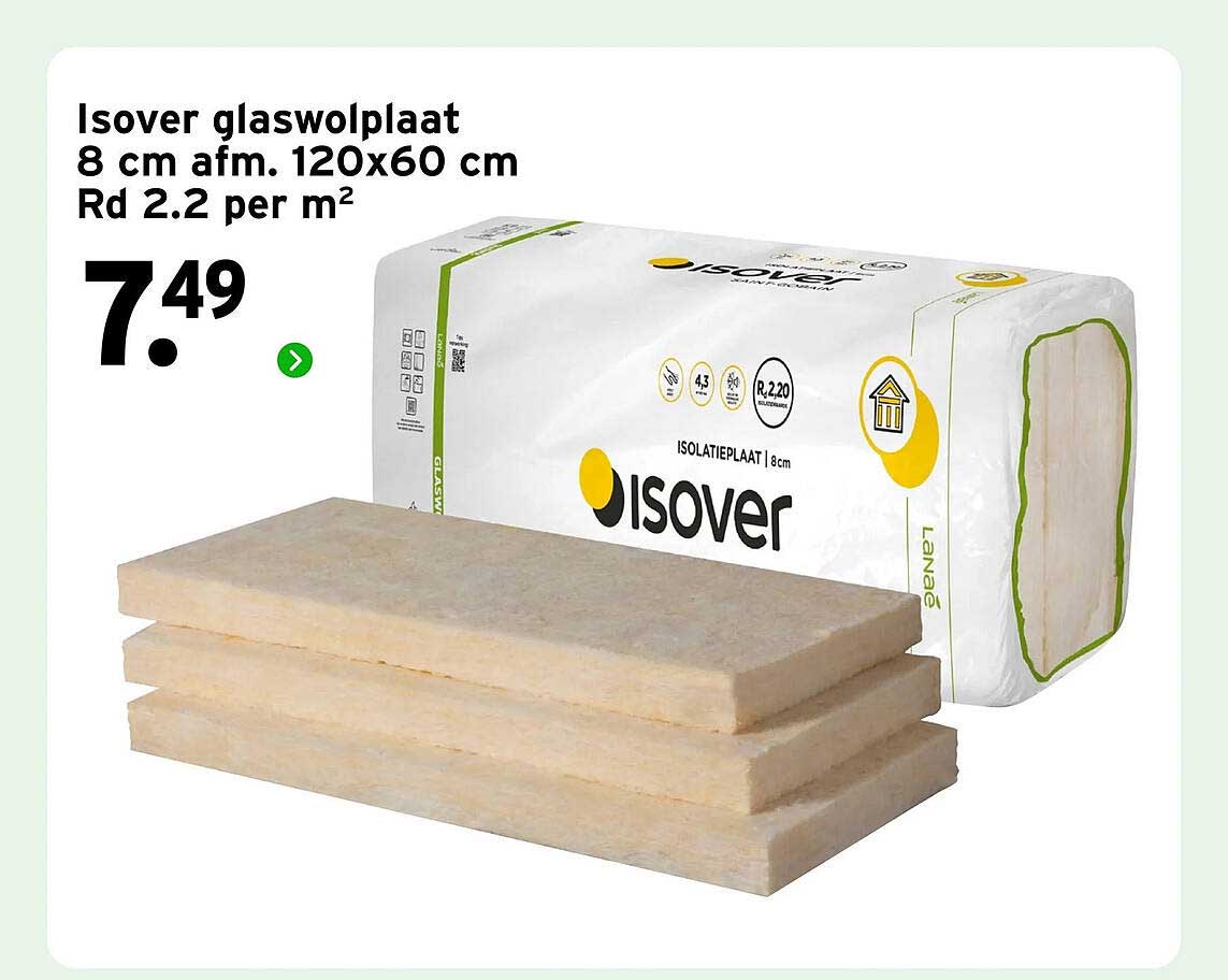 Isover glaswolplaat 8 cm afm. 120x60 cm Rd 2.2 per m²